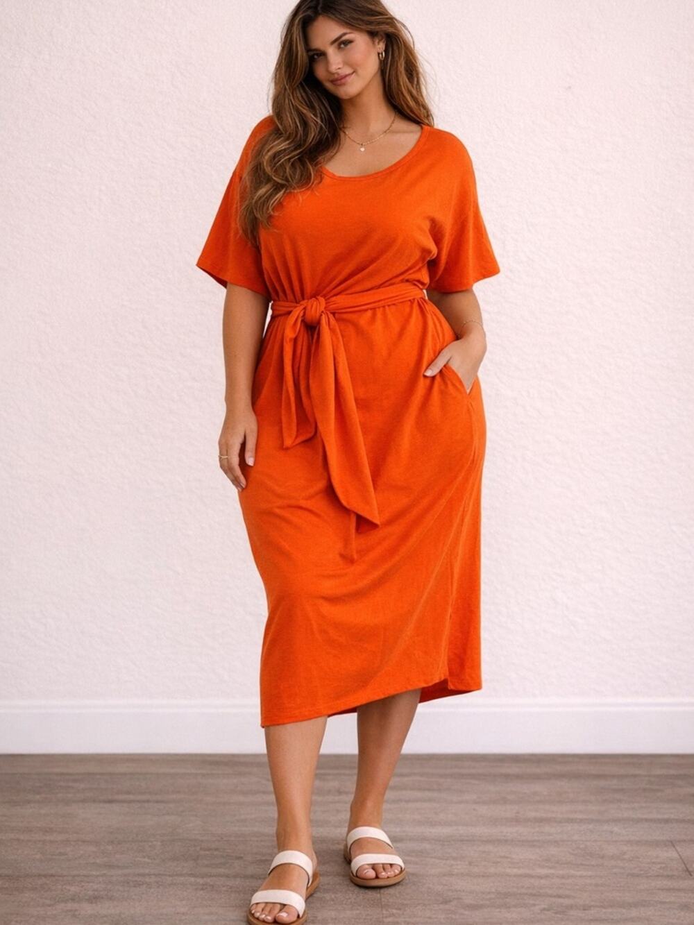 Eloquii Orange Wrap Dress Cotton Midi Bright Statement Size 18